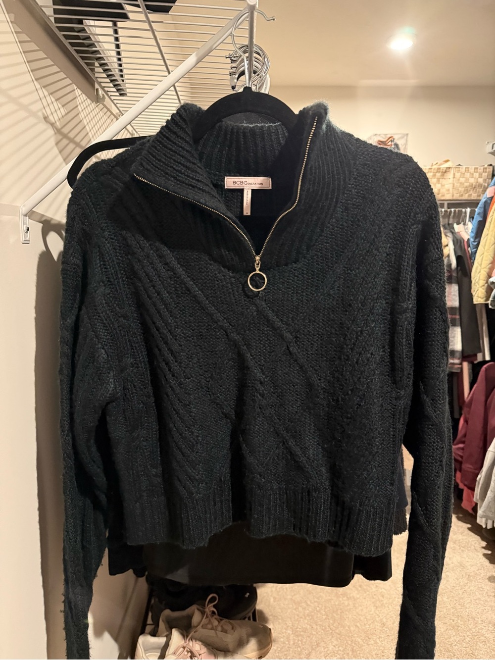 BCBGeneration Navy Cable-Knit Half-Zip Turtleneck Sweater with Ring Pull